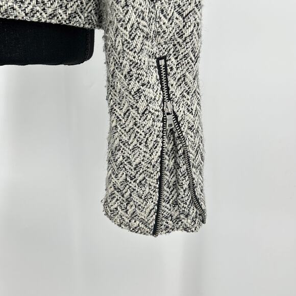 Herringbone Wool Tweed Moto Jacket Warm Textured Black White Women’s M Tall - Picture 7 of 9